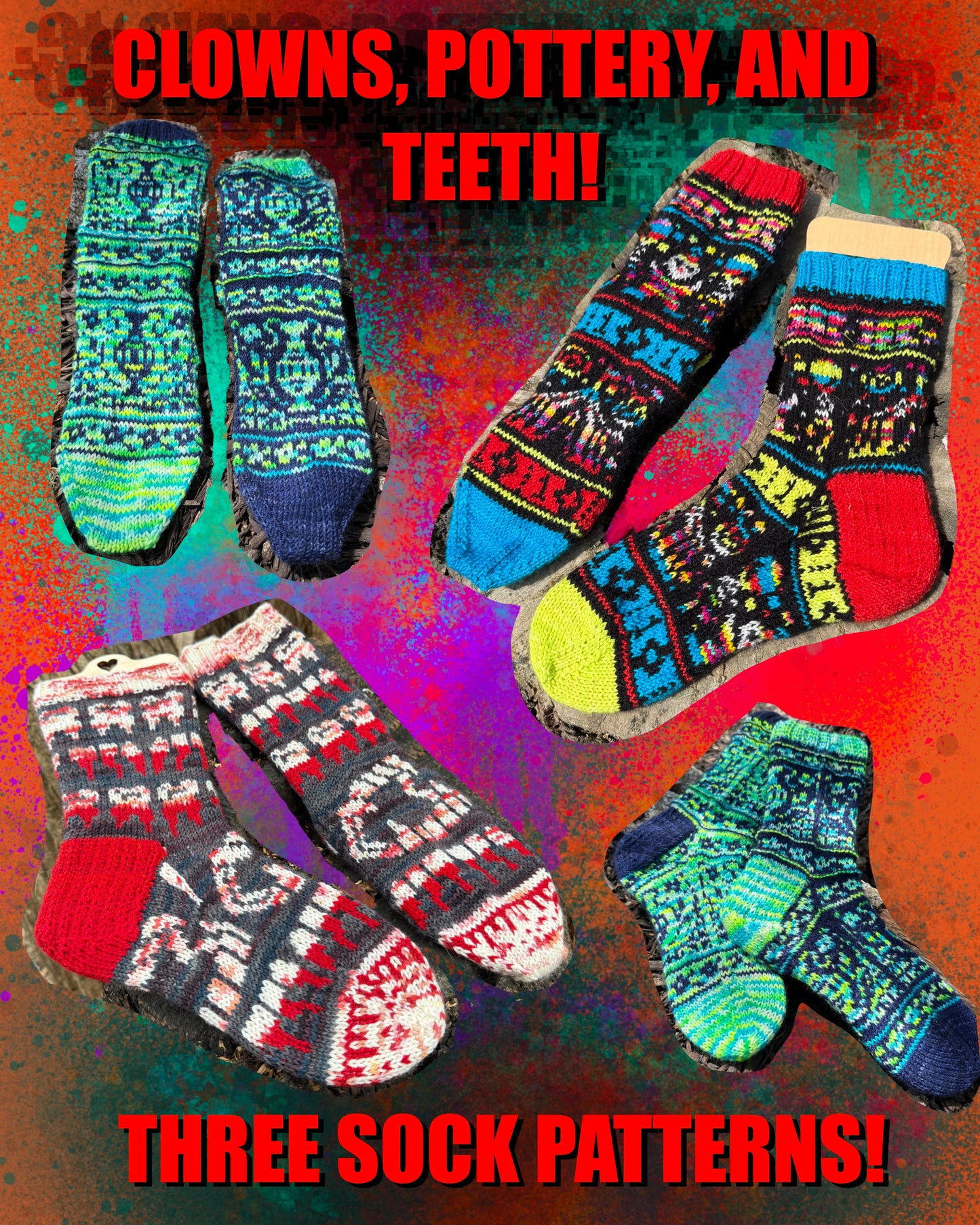 Clowns, Pottery, and Teeth - 3 Sock Pattern Bundle
